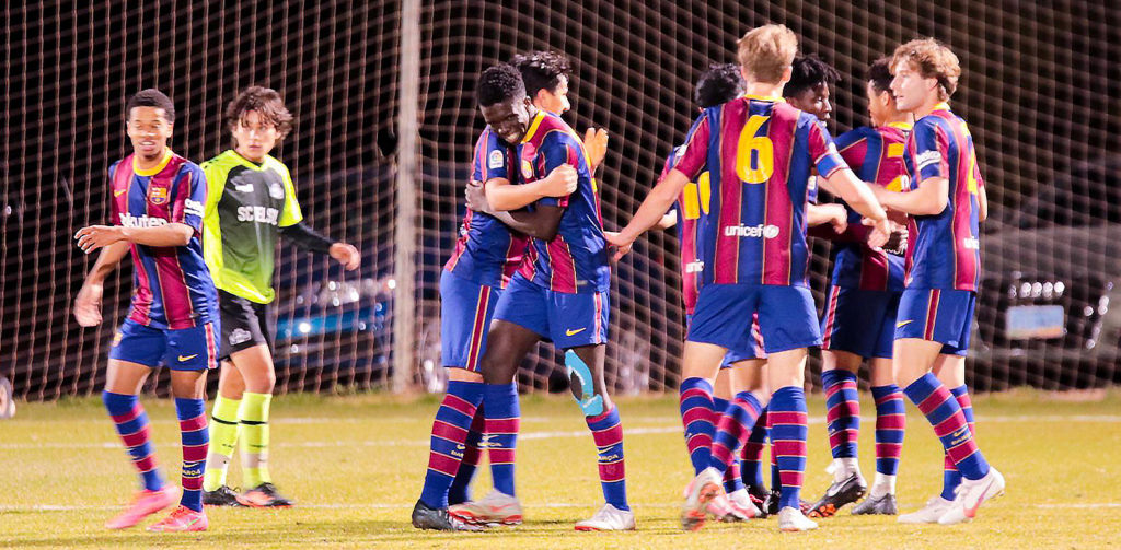 Barca Residency Academy U-19 players celebrating a goal in 5-1 win over SC del Sol