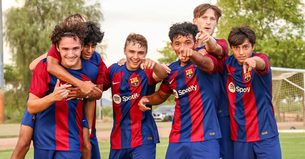 Barca Residency Academy MLS Next U19s players celebrating a goal in 3-0 win over SC del Sol in 2023-24 season opener