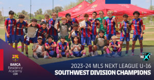Barca Residency Academy's U-16 MLS Next team celebrating 2024 playoff berth and being crowned champion of the 2023-24 MLS Next Southwest Division.